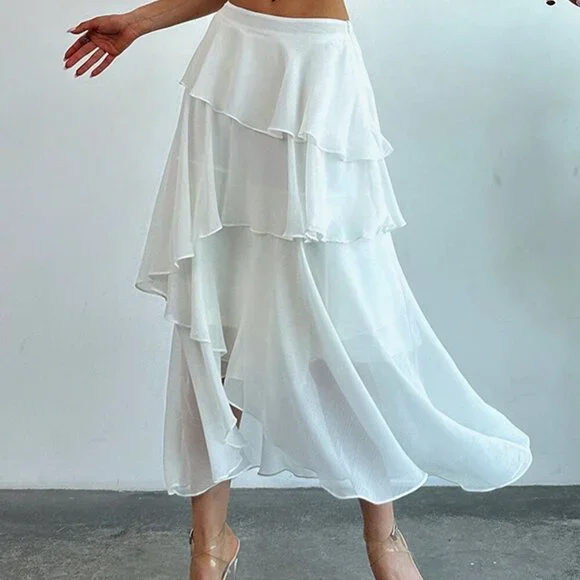 Beige Elegant Women's Multi-Layered Ruffle Trim Cake Skirt For - Picture 4 of 6